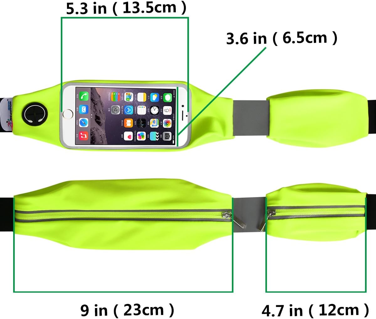 2 Pocket Running Belt Waist Packs, HD Transparent Windows Design,Water Resistant Reflective Zipper Waist Pack - Workout, Walk, Hiking, Cycling - iPhone7 6 6S and Android Phone, 5.5 Inch (Green)