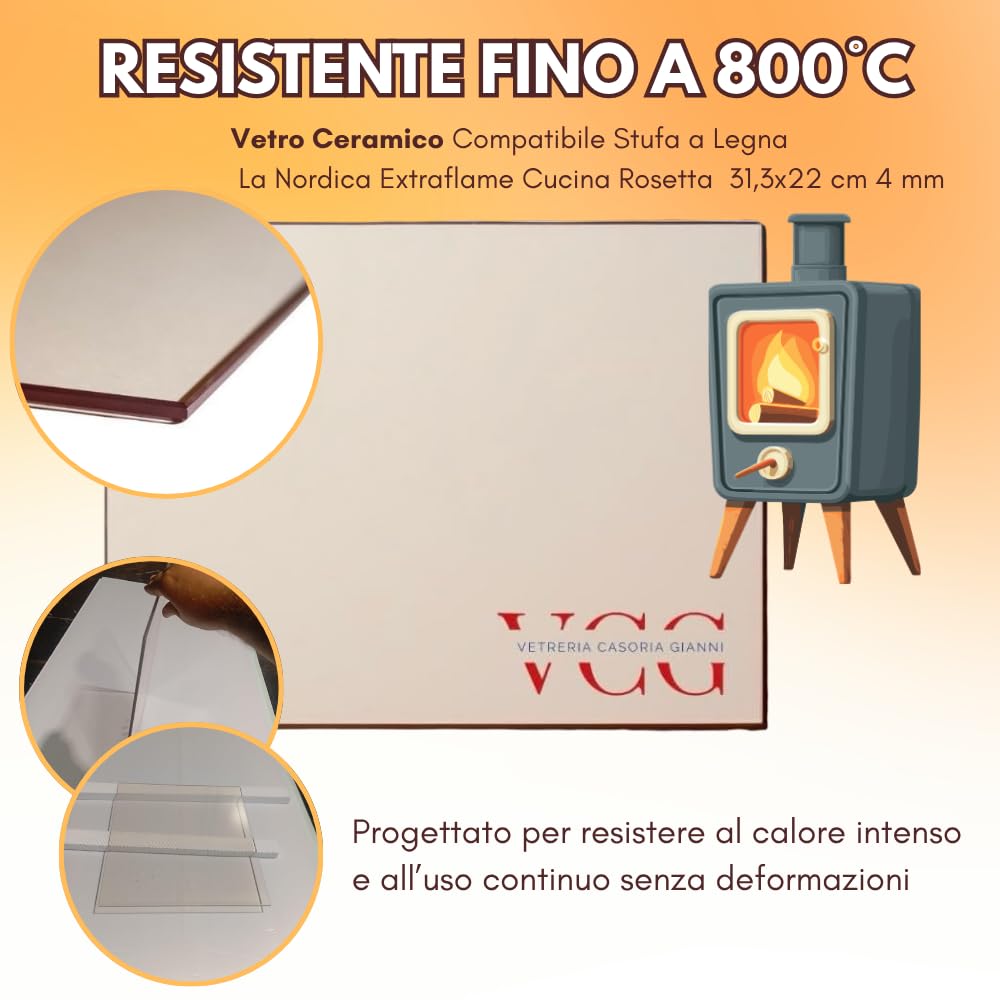 Vetro Ceramico Universale per Stufa a Legna 31,3x22 cm 4mm Compatibile La Nordica Extraflame Cucina Rosetta | Ricambio Vetro Resistente 800 ° per Camino Termocamino Pellet Certificato