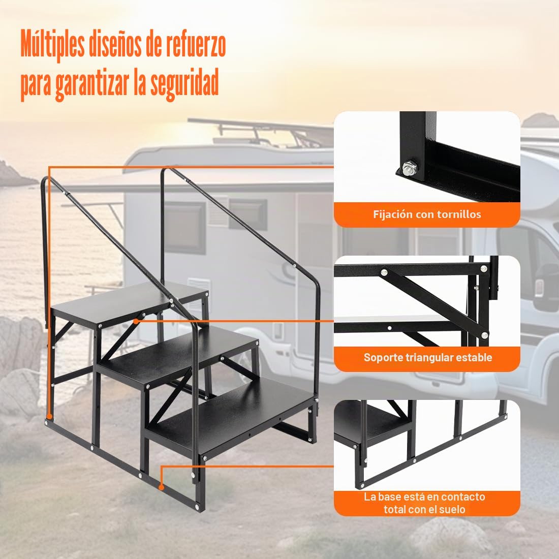 Escalera de 3 niveles para caravana, antideslizante, escalera de hidromasaje con pasamanos, 3 niveles para caravanas, camping, autocaravanas, escaleras portátiles para remolques de viaje