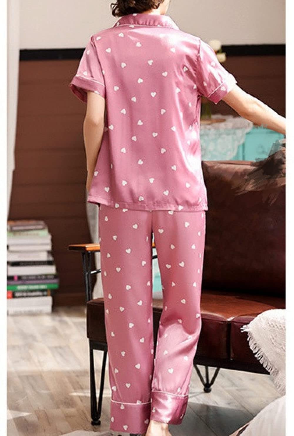 Pyjama Damen,Rosa Satin-Pyjama-Set Mit Herzmuster Damen Damen-Pyjama-Set Loungewear-Sets 2-Teilige Strickjacke Nachtwäsche Weicher Loungewear-Kurzarm-Pyjama Für Frauen