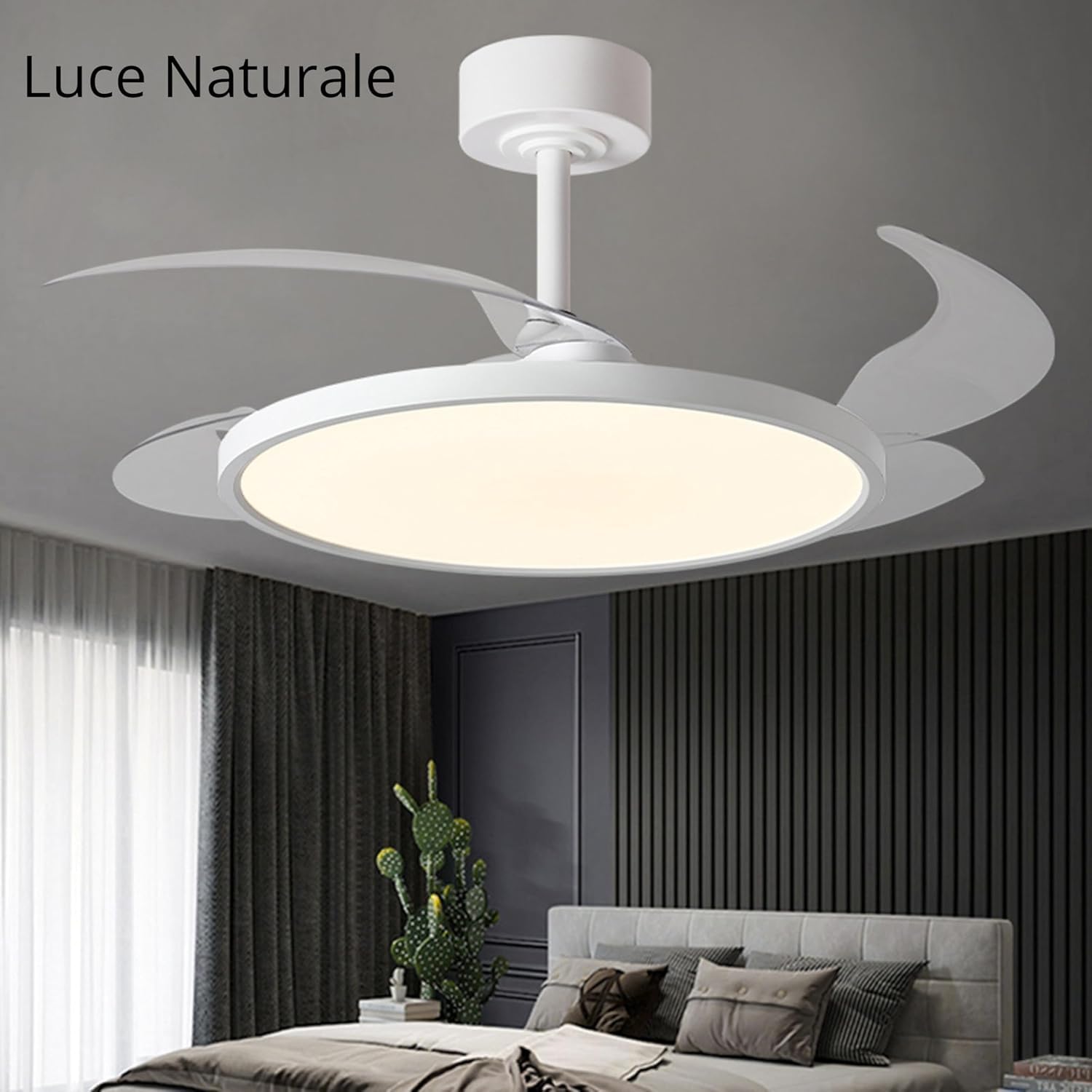 CLICLED Ventilatore da Soffitto con Luce Led e Pale Retrattili 80W | 4 Pale Retrattili a Scomparsa, Plafoniera 50 cm, Tre Temperature di Luce, Ultra Slim, Silenzioso
