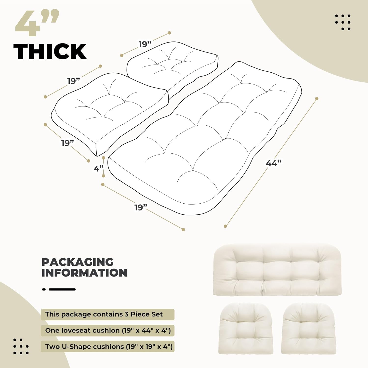 joomie Set di 3 Cuscini di Ricambio per Sedile per Sedia in Rattan, Cuscini Impermeabili per Tutte le Stagioni per Sedie in Vimini Cuscini per Panca Ispessiti da Patio Esterno Divano Giardino Pad 1