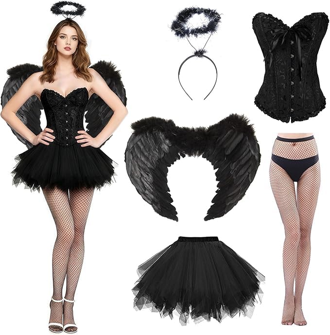 Schwarz Engel Kostüm,5 Stück Engelsflügel mit Heiligenschein,Engel Teufel Kostüm Damen,Engel und Teufel Flügel Kostüm,Engel und Teufel Flügel...