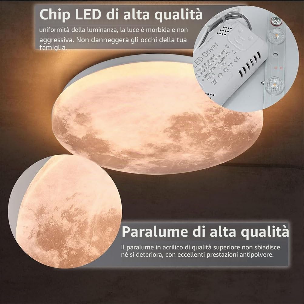Plafoniera a LED a forma di luna, design moderno, dimmerabile, 3D, lampada da parete, con telecomando, per camera da letto, cameretta dei bambini (motivo mensile, 50 cm)