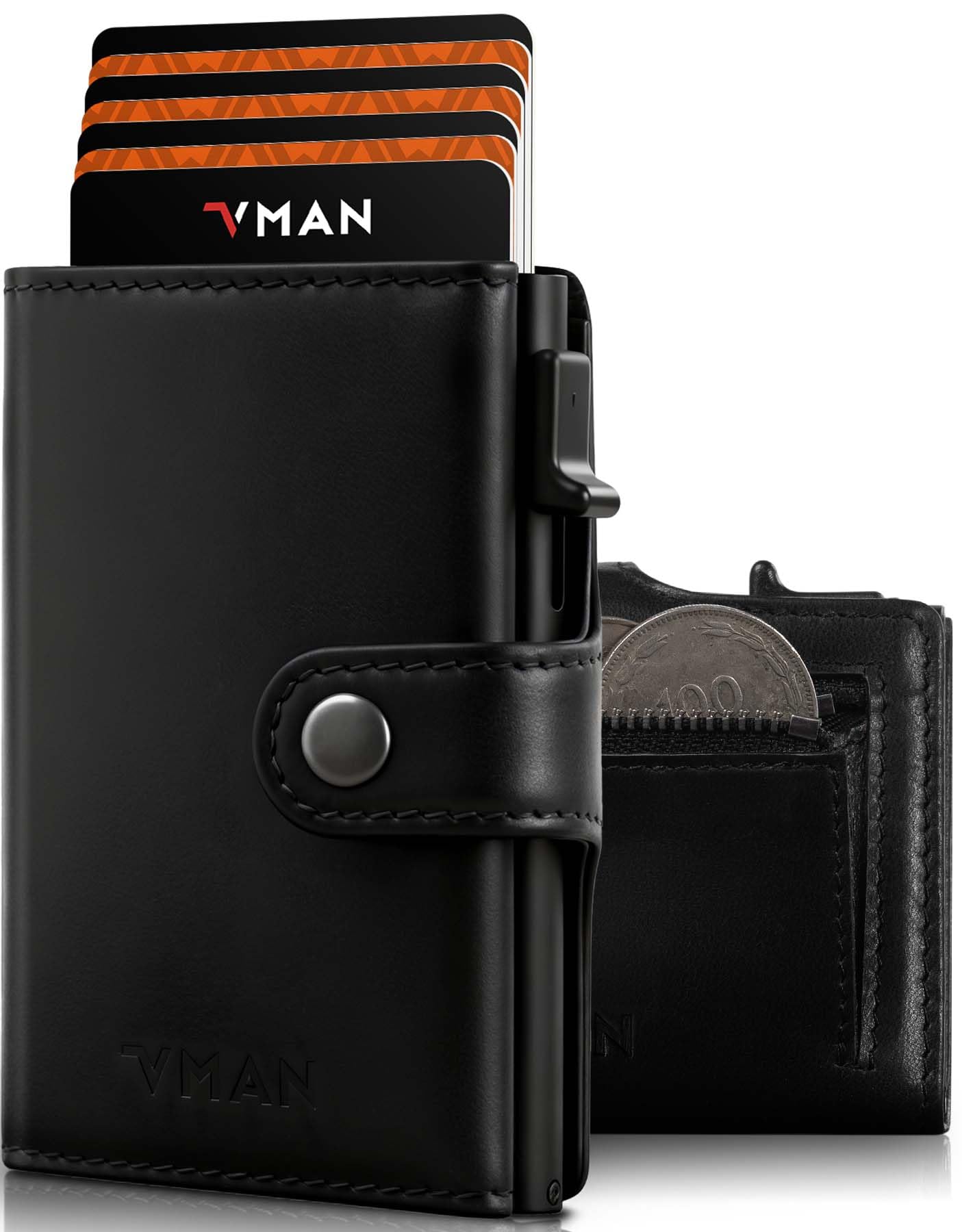 VMAN Geldbörse Herren, Slim Wallet mit Münzfach, RFID Schutz, Premium Leder Portmonee Geldbeutel für 8–11 Karten, Kleines Kartenetui für Alltag & Reise - Schwarz