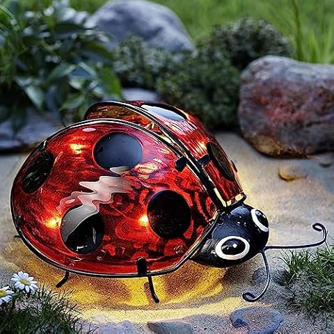 Ladybugs Garden Solar Light Outdoor Decorations, Metal Yard Art Garden Sculptures Outdoor Statue for Patio Lawn Backyard Table, Waterproof Outdoor Solar Figurines with 12 LEDs Lights Cover