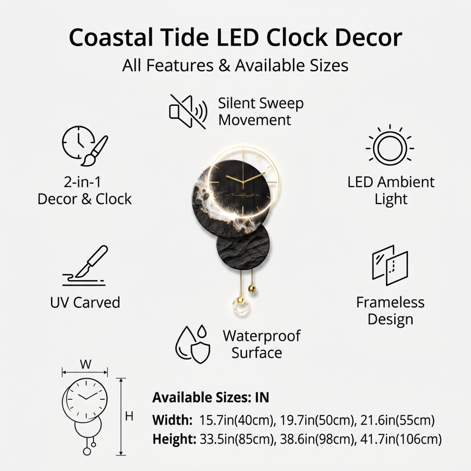 Orologio da Parete 3D LED Moderno, Decorazione Murale Luminosa Elegante | Orologio moderno 3D, luce LED integrata, design artistico in porcellana, silenzioso(B,33.5in*15.7in)