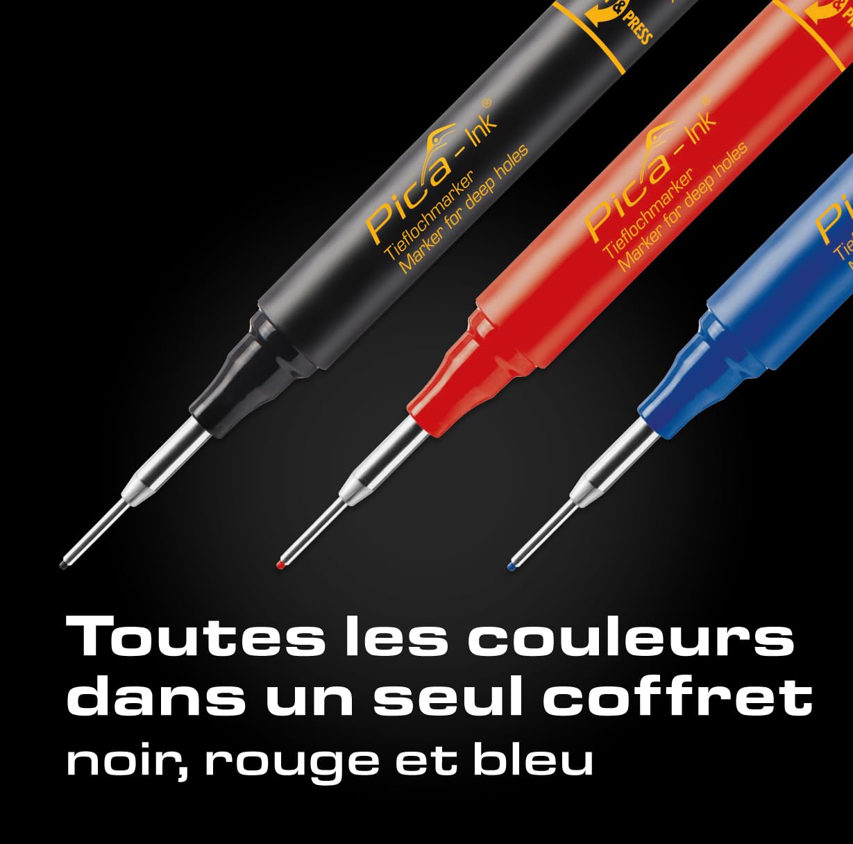 Pica Ink‑Set | 3 marqueurs de trous profonds noir rouge bleu | Pointe 1,5 mm | Marqueur permanent pour zones difficiles | Idéal pour perçages | Résistant à l’eau