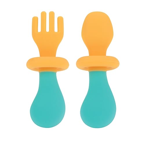 Miniatura 3 de Nuby First Tenedor y Cuchara - Utensilios con protectores de seguridad para bebés de 6 meses en adelante, naranja y aguamarina