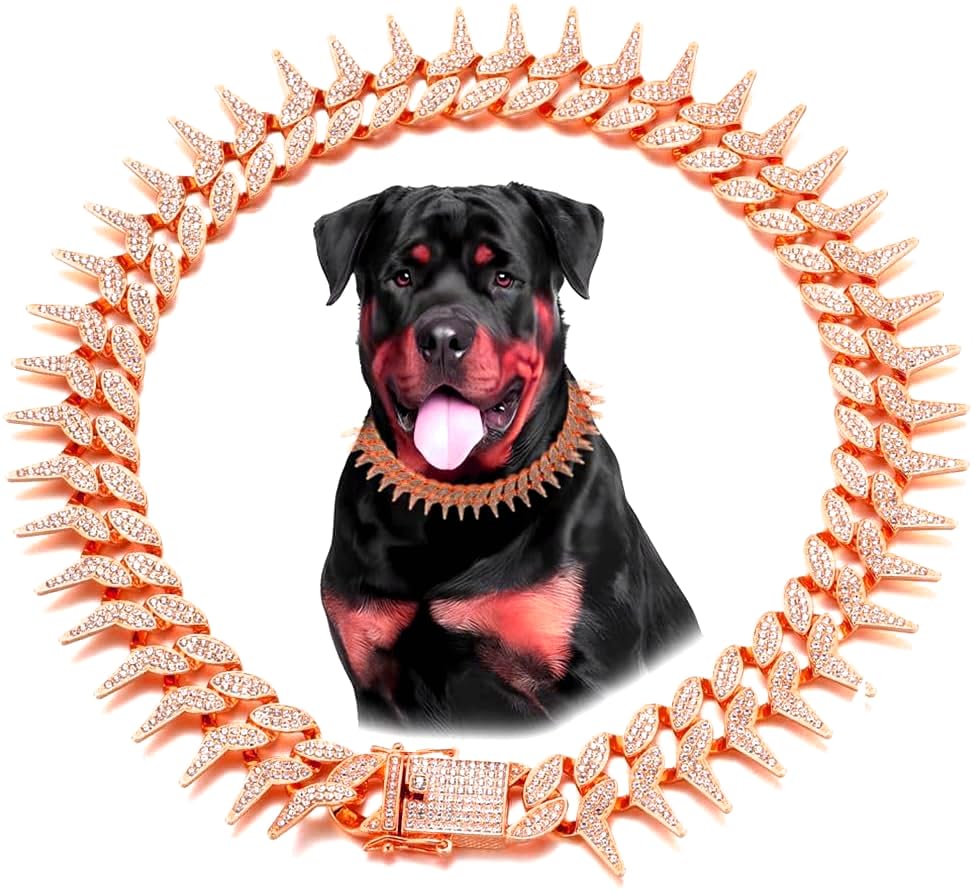 Dog Chain Collar, Side Spiked Style Necklace Bling Diamond Cuban Link Dog Collars Glitter Rhinestone Puppy Collar for for Small Medium Large Pet Dogs (RoseGold, 8 Inch)