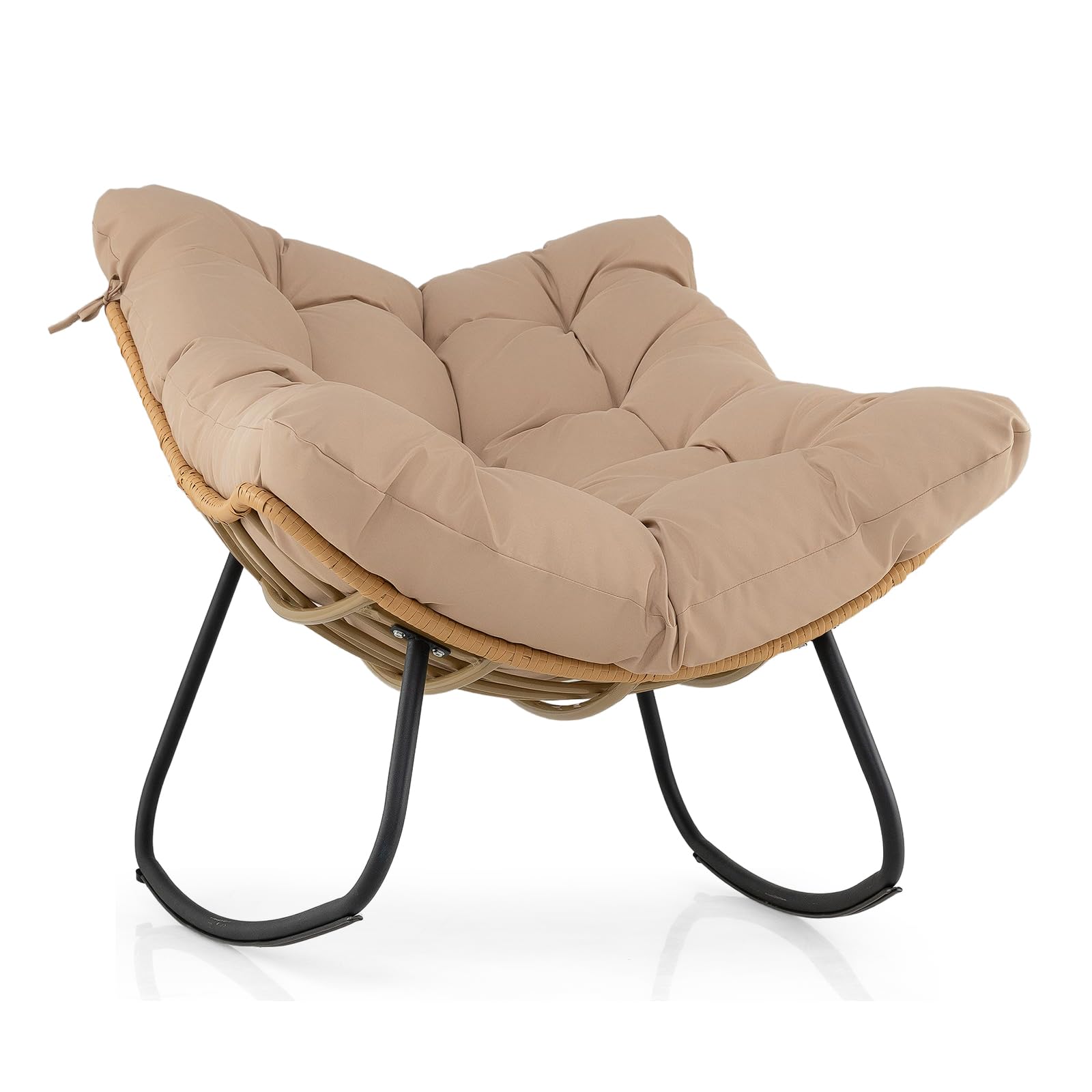 COSTWAY Fauteuil à Bascule Exterieur Interieur XXL, Fauteuil de Jardin en Rotin PE Tressé, Cadre en Métal, Coussin Épais Amovible, Rocking Chair pour Balcon Salon Porche, Charge 140 kg (Beige)