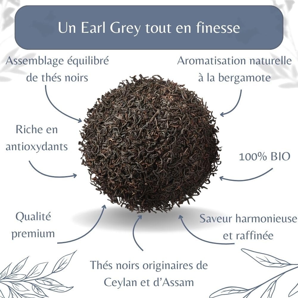 Thé Noir Earl Grey Bio - Thé Vegan en Vrac, 100% Naturel, Sans OGM - Agriculture Biologique - Conditionné en France - Sachet 1 kg (500 Tasses)
