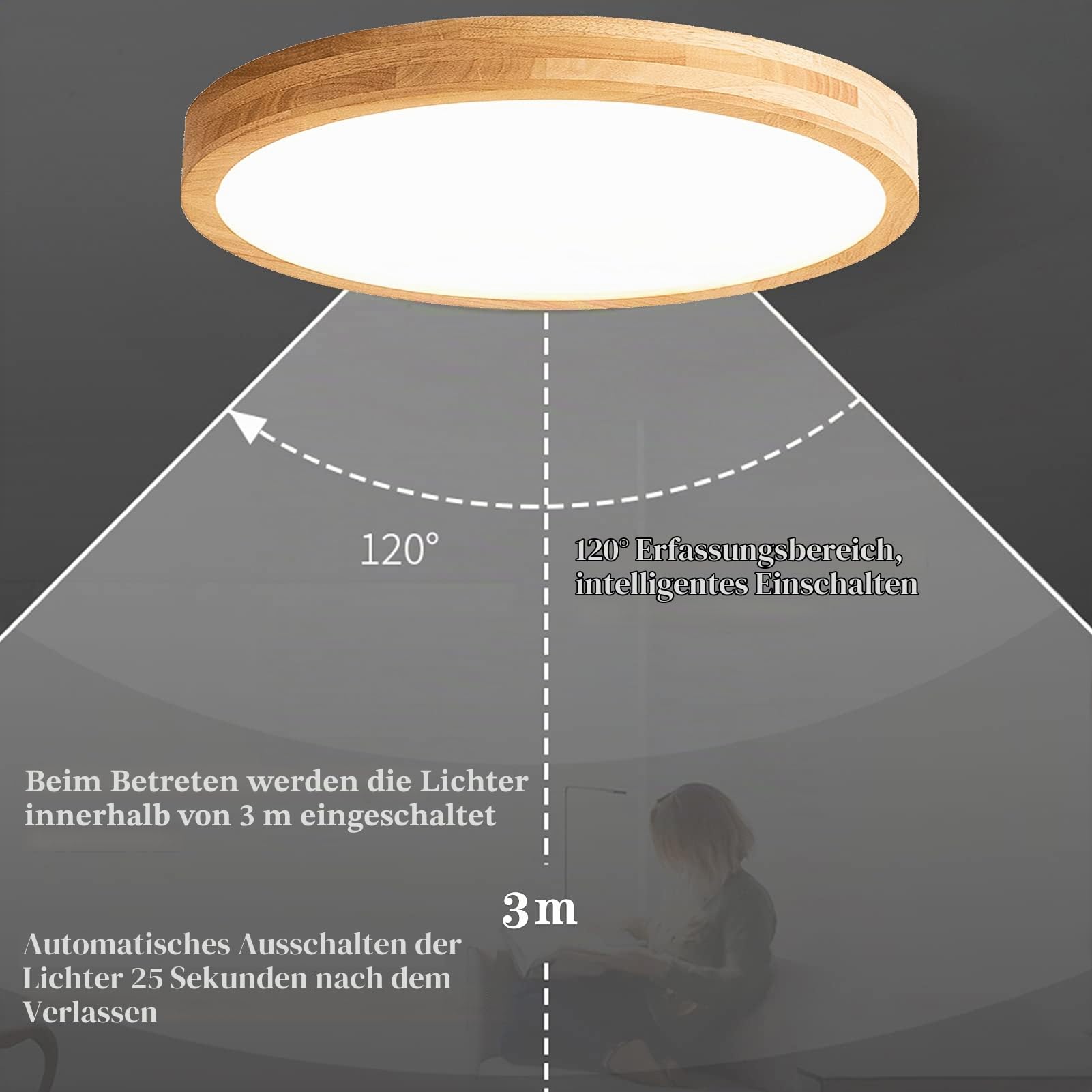 VOMI 36W LED Deckenlampe Holzoptik mit Bewegungsmelder, 50cm Runde Deckenleuchte Holz Sensor Lampe Flur Treppe Deckenbeleuchtung Kaltweiß 6000K