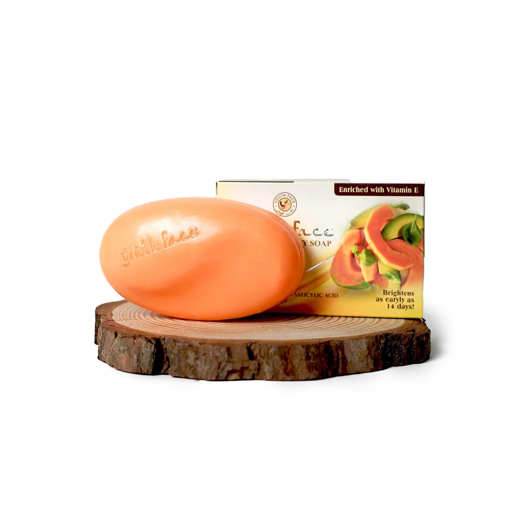 youth face papaya beauty bar, skin brightening, exfoliating soap with salicylic acid, vitamin e, niacinamide for daily cleansing, gentle on all skin types