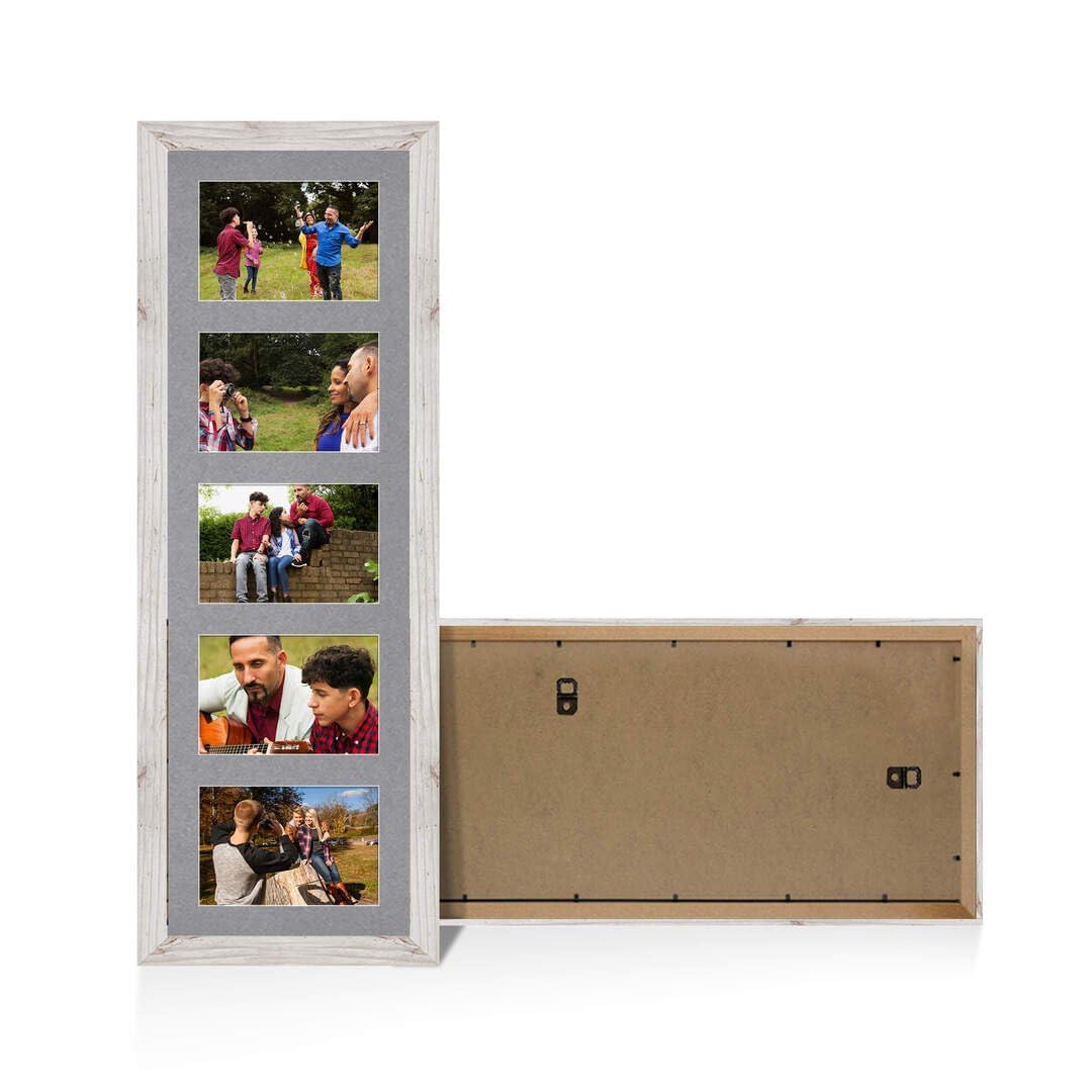 Procut Global 26X8 White Rustic Photo Frames For Multiple Pictures with Mid Grey Mount-Modern Collage Frame with 5 Apertures (5x) 6X4-Engineered Wood with Shatterproof Perspex
