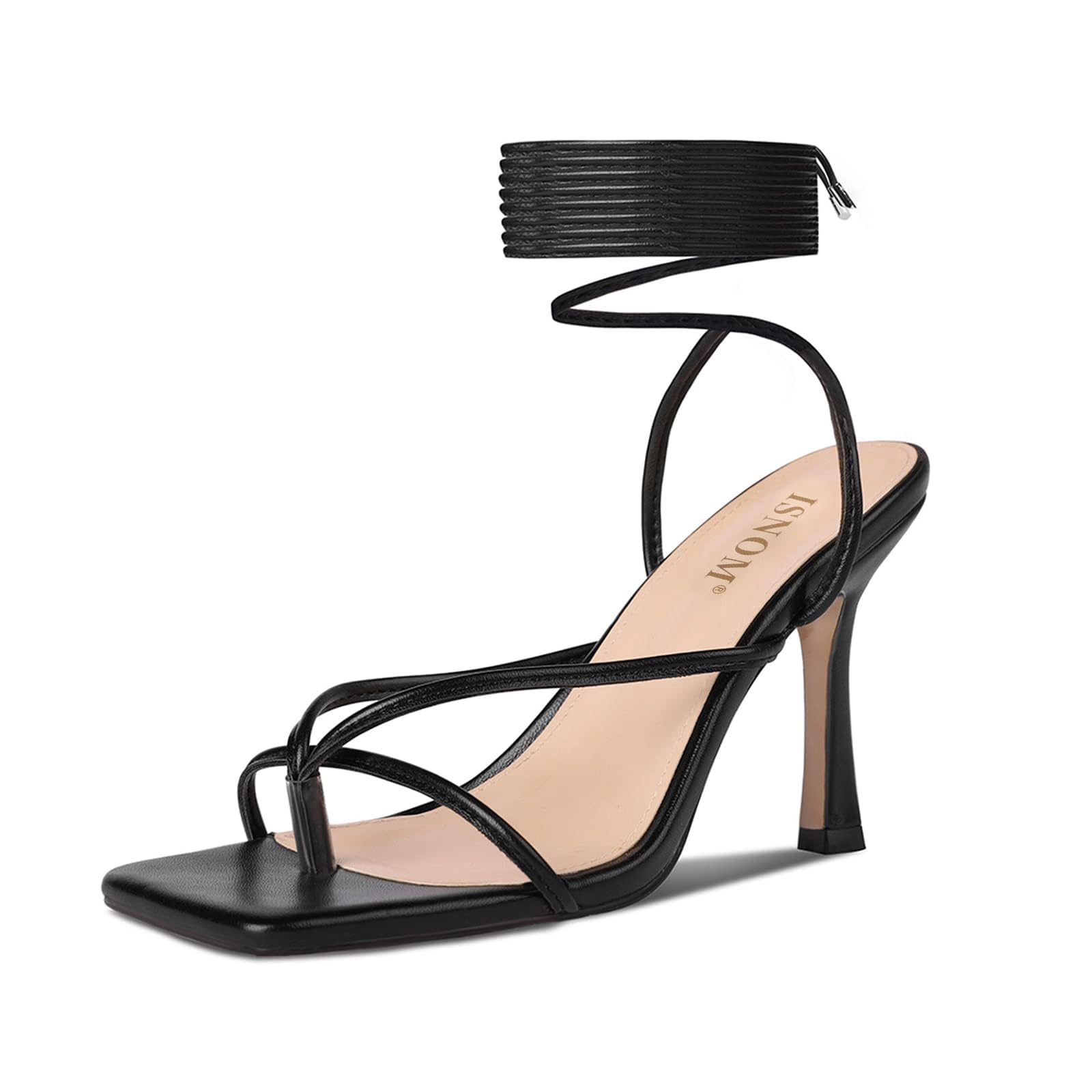 ISNOM Lace Up Heels Sandals for Women, Square Toe, Open Toe Thong, Stiletto Heels Design