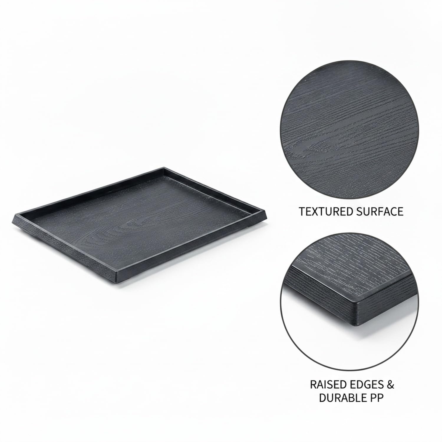 Bandeja rectangular de plástico PP para uso doméstico o comercial, efecto de grano de madera negra, diseño duradero para servir, organización y almacenamiento, solución versátil de cocina y oficina