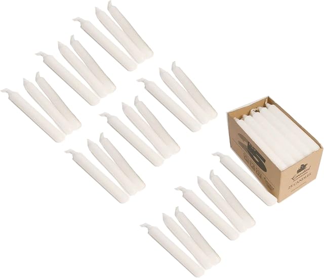 KAV Tapered Dinner Candle 190mm Non-Drip Unscented Long Burning Smokeless Pure Paraffin Wax Candles for Wedding Parties - Pack of 25 (White)