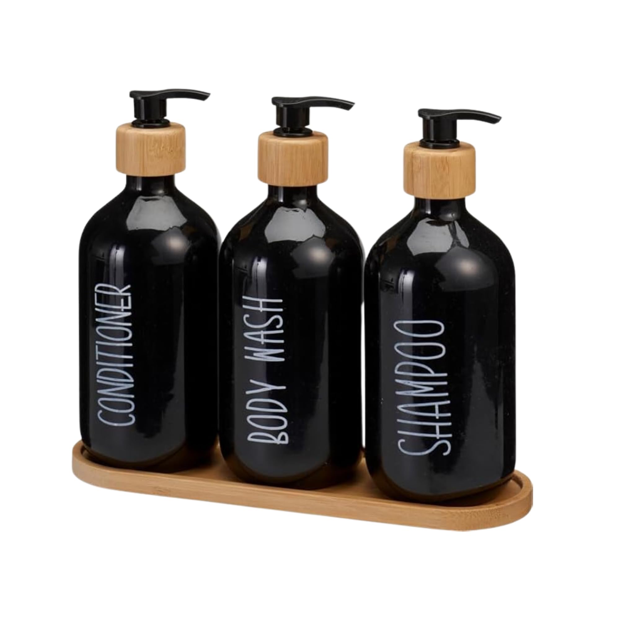 Envenzo Black Glass Soap Dispenser Set With Bamboo Tray, White, 500Ml Bottles For Shampoo Conditioner Body Wash, 4 Piece (Black)
