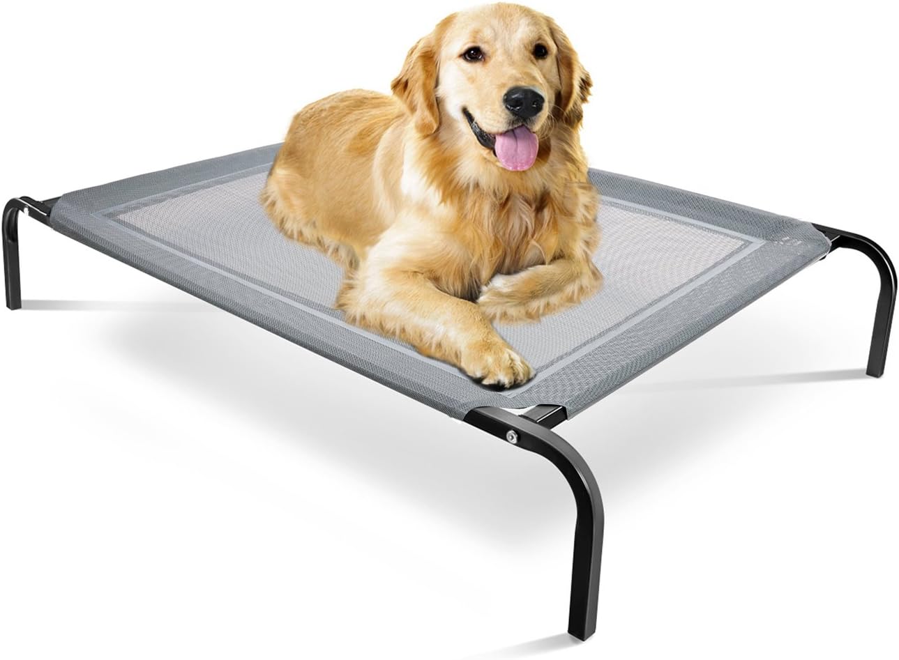 Elevated Dog Bed with Steel Frame, Temp Control - Chew-Proof Pet Cot w/Trampoline Suspended Raised Hammock - Best for Portable in/Out Door Use - Cooling Platform - Large