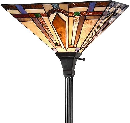 Tiffany Style Torchiere - Lámpara de pie Mission con pantalla de vitral, poste de 12 x 69 pulgadas de alto, lámpara de lectura antigua vintage para