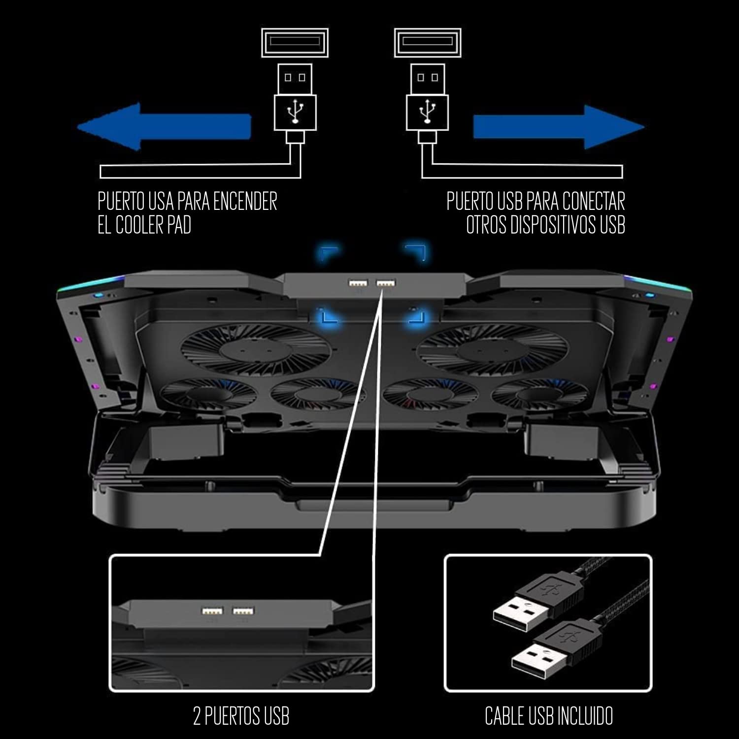 Ewent EW1260 - Soporte y Ventilador para Portátil - Silencioso - 6 Ventiladores de Velocidad Ajustable - para Portátiles de hasta 17" - Pantalla LCD - 2 Puertos USB - 7 Luces LED - Diseño Ergonómico