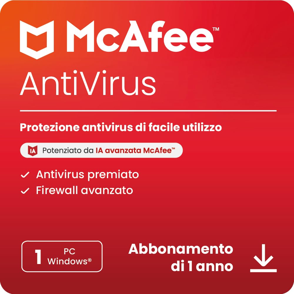 McAfee Antivirus 2025 12 mesi Protezione in tempo reale del PC dalle minacce nuove e in continua evoluzione Download digitale