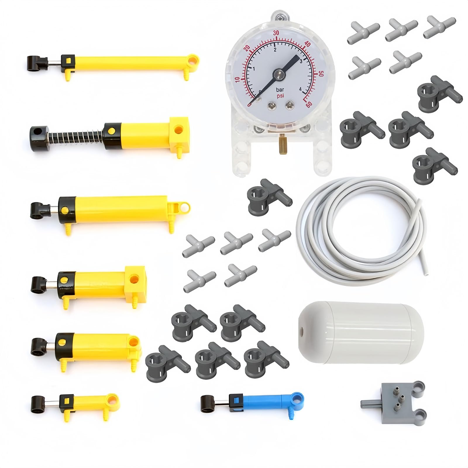 Technik Pneumatik Kit, 31pcs Technic Hydraulikteile Pneumatik Zylinder Ersatzteile Set mit Luftpumpe Schalter Schlauch Luftdruckmesser Gastank, Kompatibel mit Große Marke