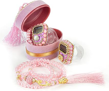 ihvan online Islamic Prayer Beads Gift Set 99 Beads Tasbih & Digital Finger Counter in Velvet Gift Box, Muslim Dhikr Set, Meaningful Gift for Ramadan, Eid, Mevlid & Weddings Pink