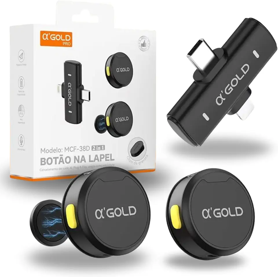 Microfone Lapela Sem Fio Profissional Bluetooth com Cancelamento de Ruido. Compatível com IOS e Android, 2 microfones, Gravação, Lives, Entrevistas e Conteúdo Digital, Resistencia água IPX4 - Premium