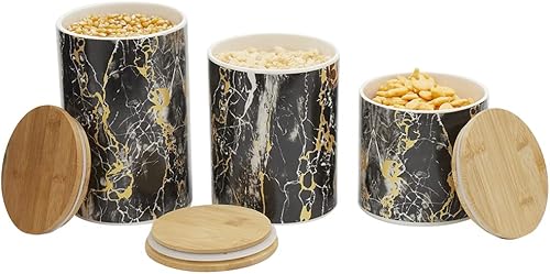 Miniatura 1 de Home Basics Juego de recipientes de cocina de 3 piezas con diseño de mármol negro con tapas de bambú, recipientes de cocina modernos para almacenar