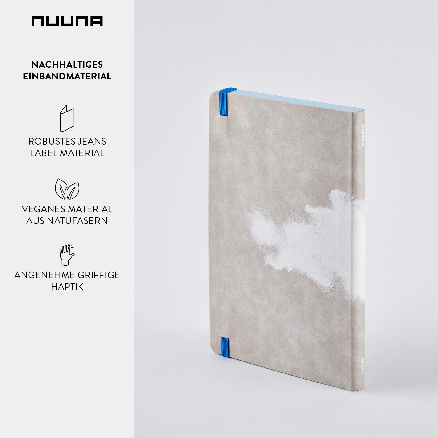 nuuna Inspiration Book M Quaderno A5, pagine colorate blu nuvola con motivi, 120 g, carta di alta qualità, JeansLabel grigio, prodotto in Germania in modo sostenibile