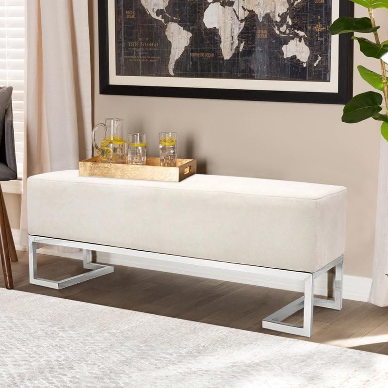 Ivory Upholstered Bench with Polished Chrome Metal Frame Ivory upholstered Bench with a Polished Chrome Metal Frame for entryways and Modern Living Spaces.-image-7