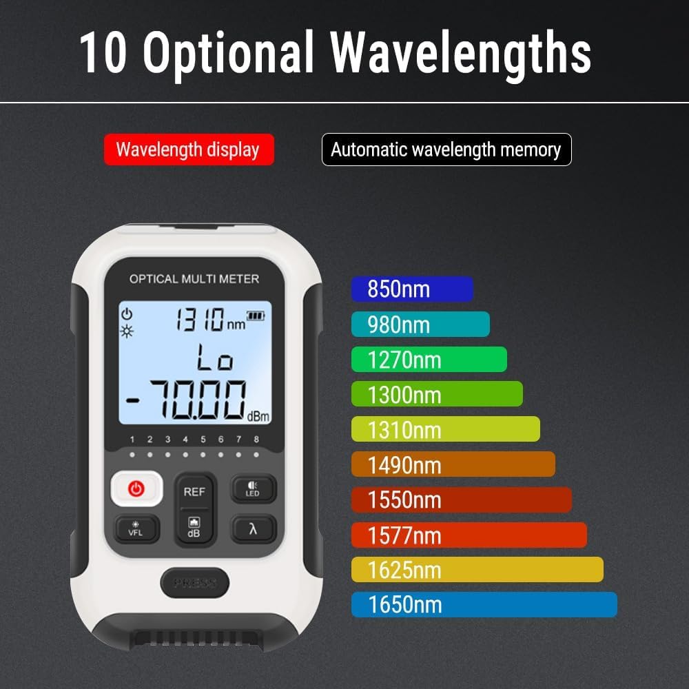 Medidor de Potencia Fibra Optica, -70~10dbm OPM Medidor de Potencia óPtica con Prueba de Red y Luz LED, 850-1625nm 10 Longitudes de Onda Probador de Fibra Óptica Con FC/LC/ST Interfaz