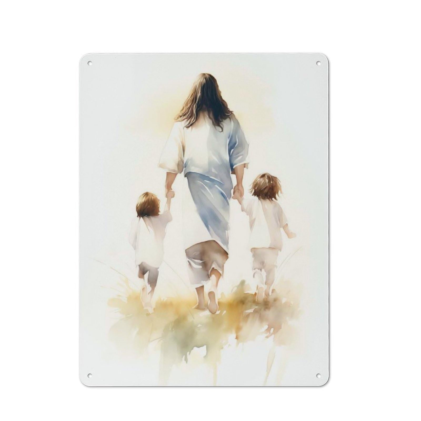 Junmoney Jesus Walking With Children Retro Tin Sign 40X30cm For Living Room Or Hallway, Gift For Living Room Decor Lovers During The Christmas Season