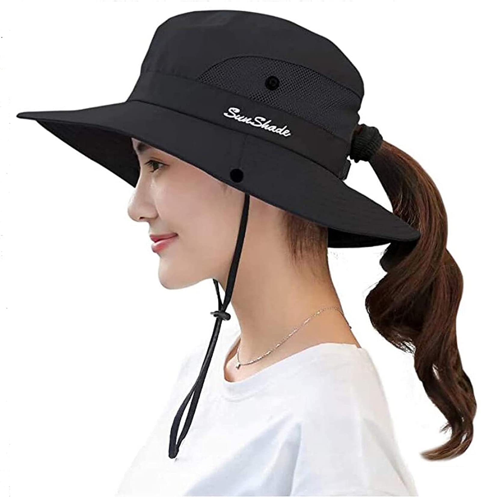 KorhLeoh Sun Hat for Women Uv Protection Mesh Wide Brim Beach Fishing Hat with Ponytail Hole