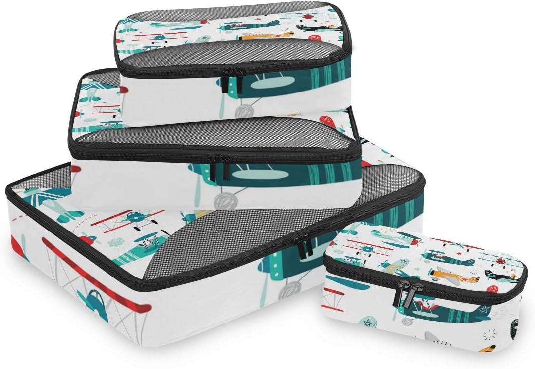 Airplanes Boys Seamless Pattern Travel Organizer Packing Cube Set of 4 Pcs Luggage Organizer Suitcase Storage Bag for Travel Business Camping Hiking Accessory