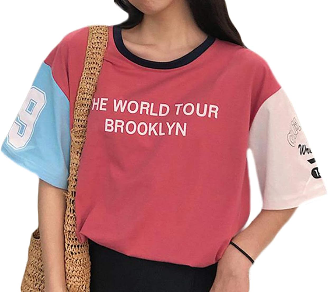 Shuming 半袖tシャツ レディース ゆったり カットソー 切り替え トップス 夏服 クルーネック ティーシャツ 大きいサイズ 韓国ファッション 売れ筋