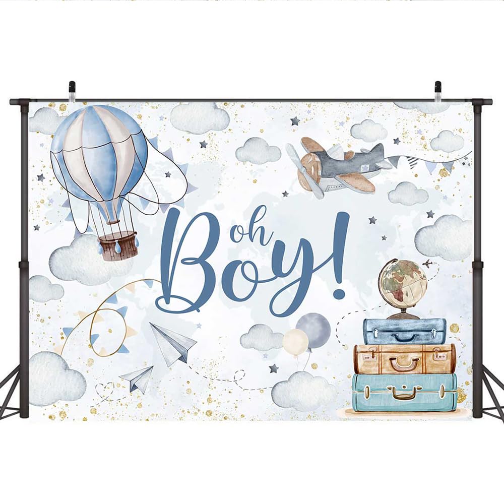 Lofaris 7x5ft Oh Boy Baby Shower Backdrop for Kids Boy Party Decoration Cloud Hot Balloon Adventure Begins Travel Around The World Airplane Up Up and Away Photography Background Banner Photo Booth