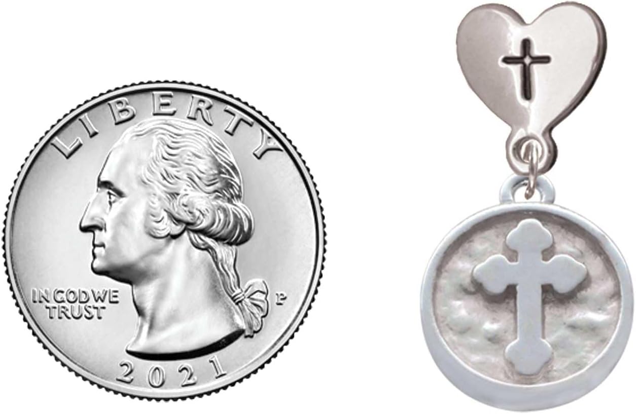 Delight Jewelry Silvertone Botonee Cross - Round Seal Cross in Heart Post Dangle Earrings