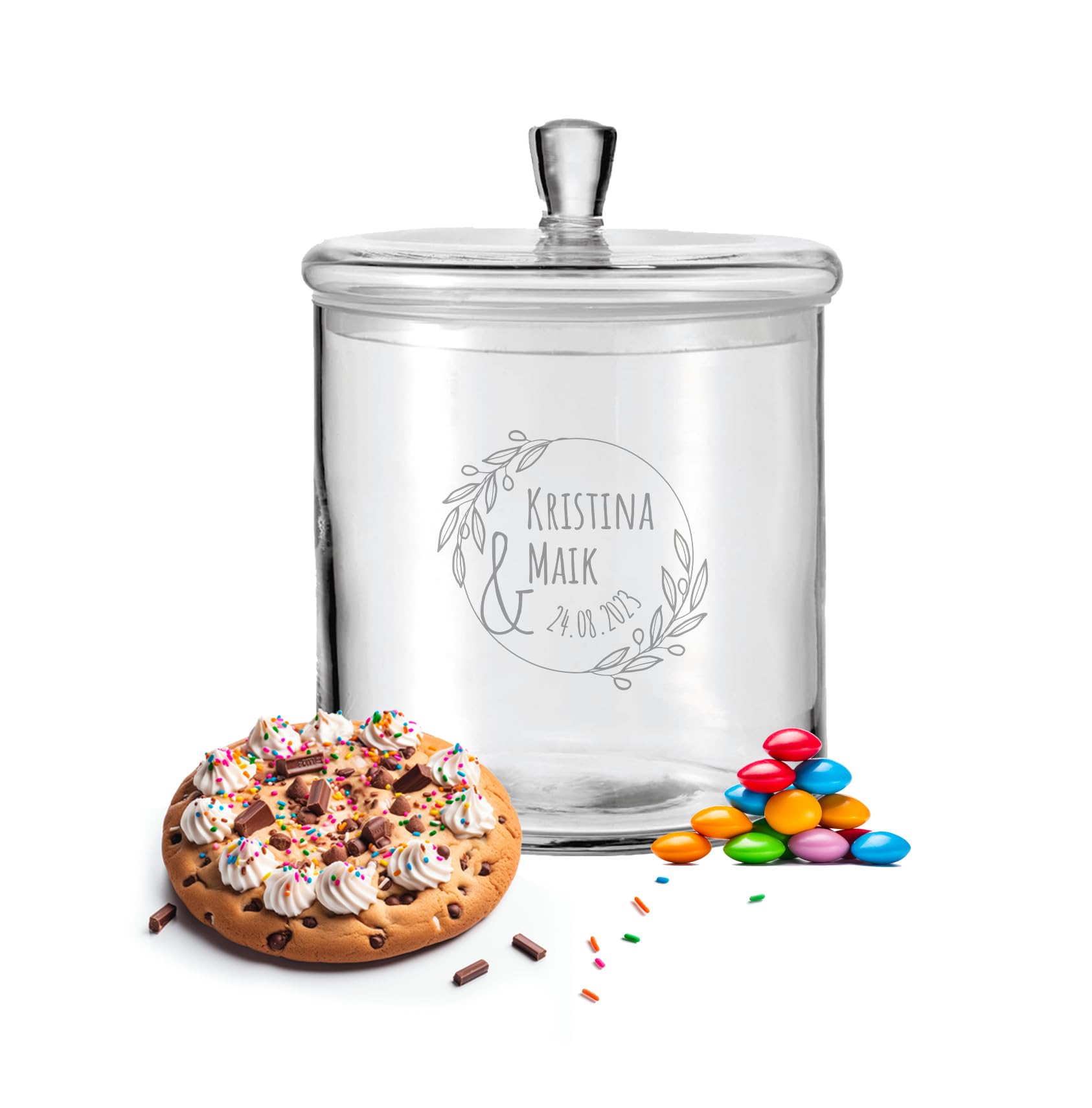 LALALO Leonardo Keksdose mit Gravur als Hochzeit Geschenk, Keksglas/Bonbonglas personalisiert als Hochzeitsgeschenk, Vorratsdose für Paare zum Hochzeitstag als Geldgeschenk (Ewigkeitszweig)