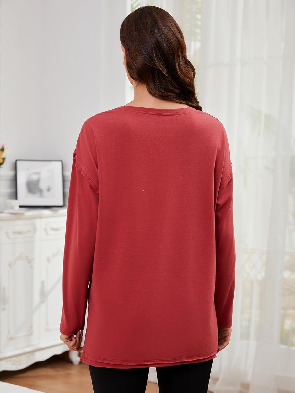 Ecavus Women's Oversized Maternity Shirts Long Sleeve Side Slit Pregnancy Tee with Pocket Fall Winter Mama Clothes - Image 6