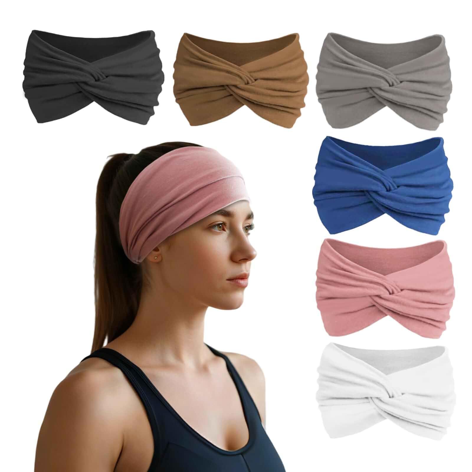 HSEM Headbands for Women, Non Silp Wide Hair Bands, Elastic Thick Head Bands, Stretchy Soft Sports Sweat Bands for Spa Workout Running Gym, Twist Knotted Cotton Cloth Turban Hair Accessories 6Pcs1 Count (Pack of 6)