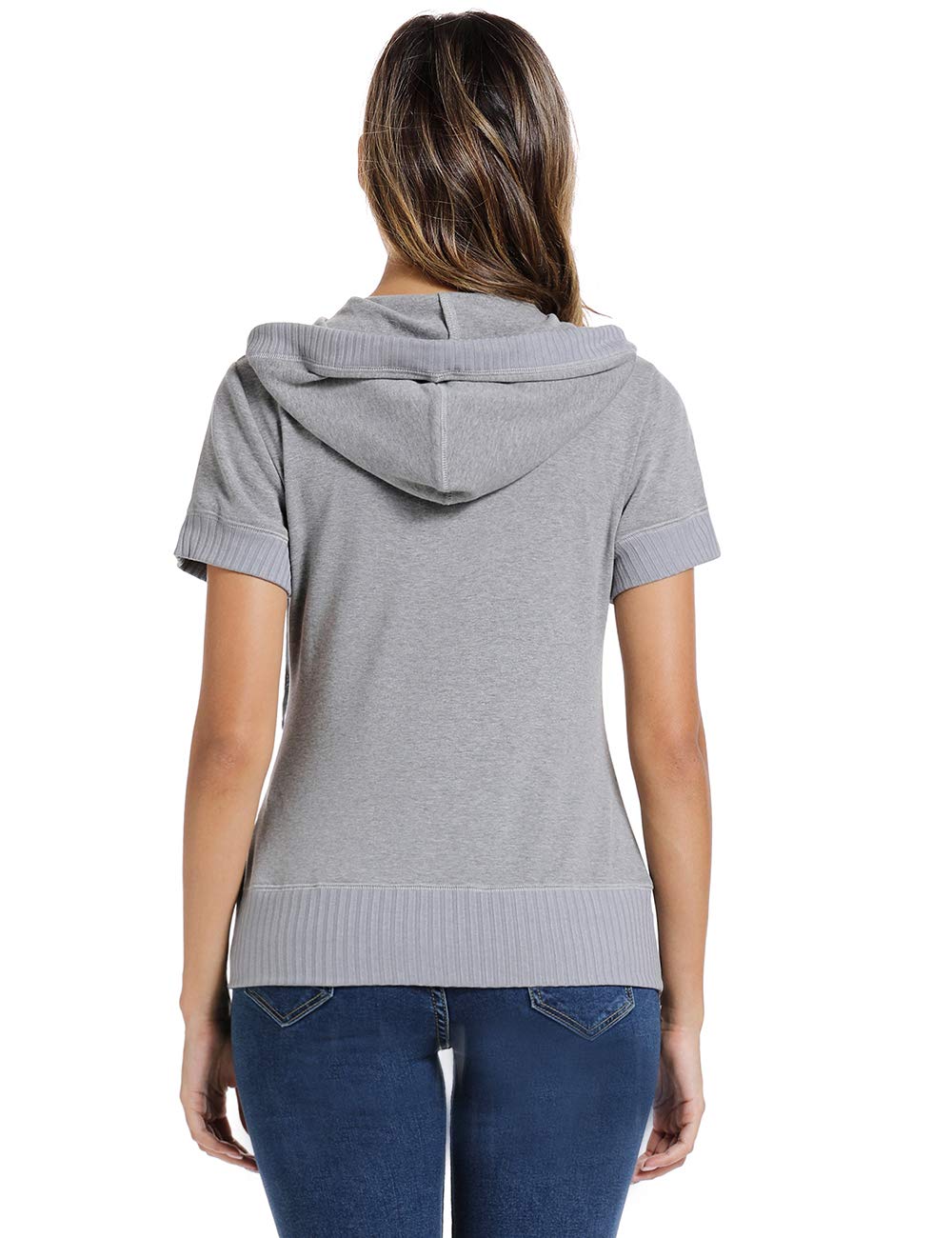Miss Moly Sweat à capuche à manches courtes pour femme avec fermeture Éclair intégrale en coton fin Coupe slim Kanga Pocket - multicolore - Large(44-46)