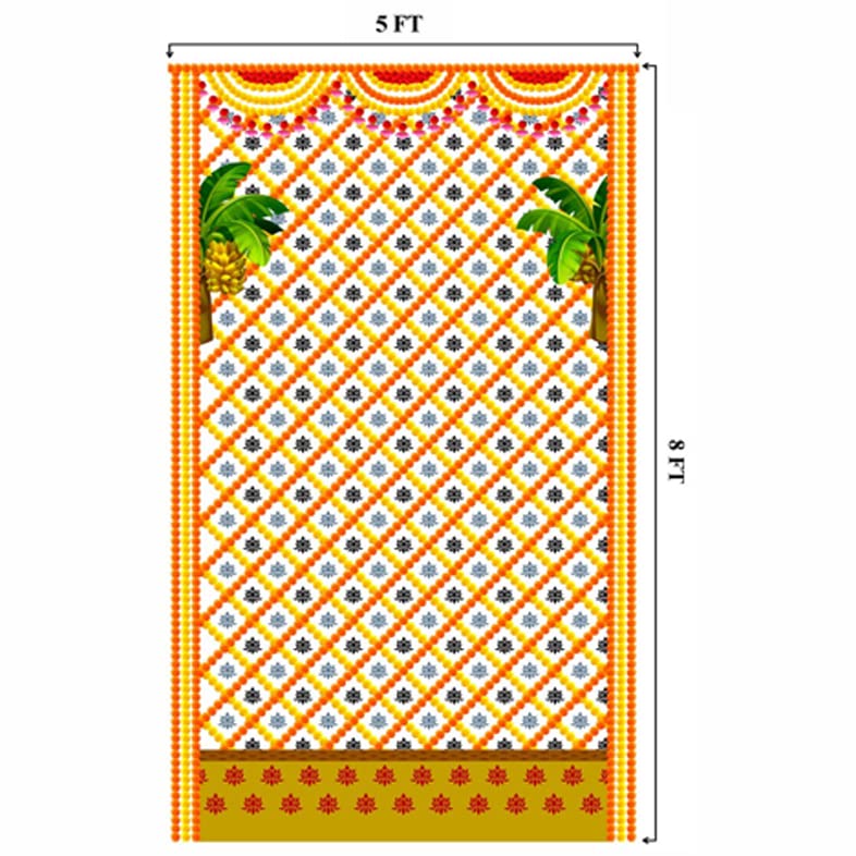 Image of SATVIK 8x5ft. Fabric Backdrop for Pooja Pujan Decoration Marigold Garland Banana Leafs Print Indian Traditional Festive Puja Cloth Mehndi Haldi Flower Curtain Wedding Bridal Baby Shower Wall Banner