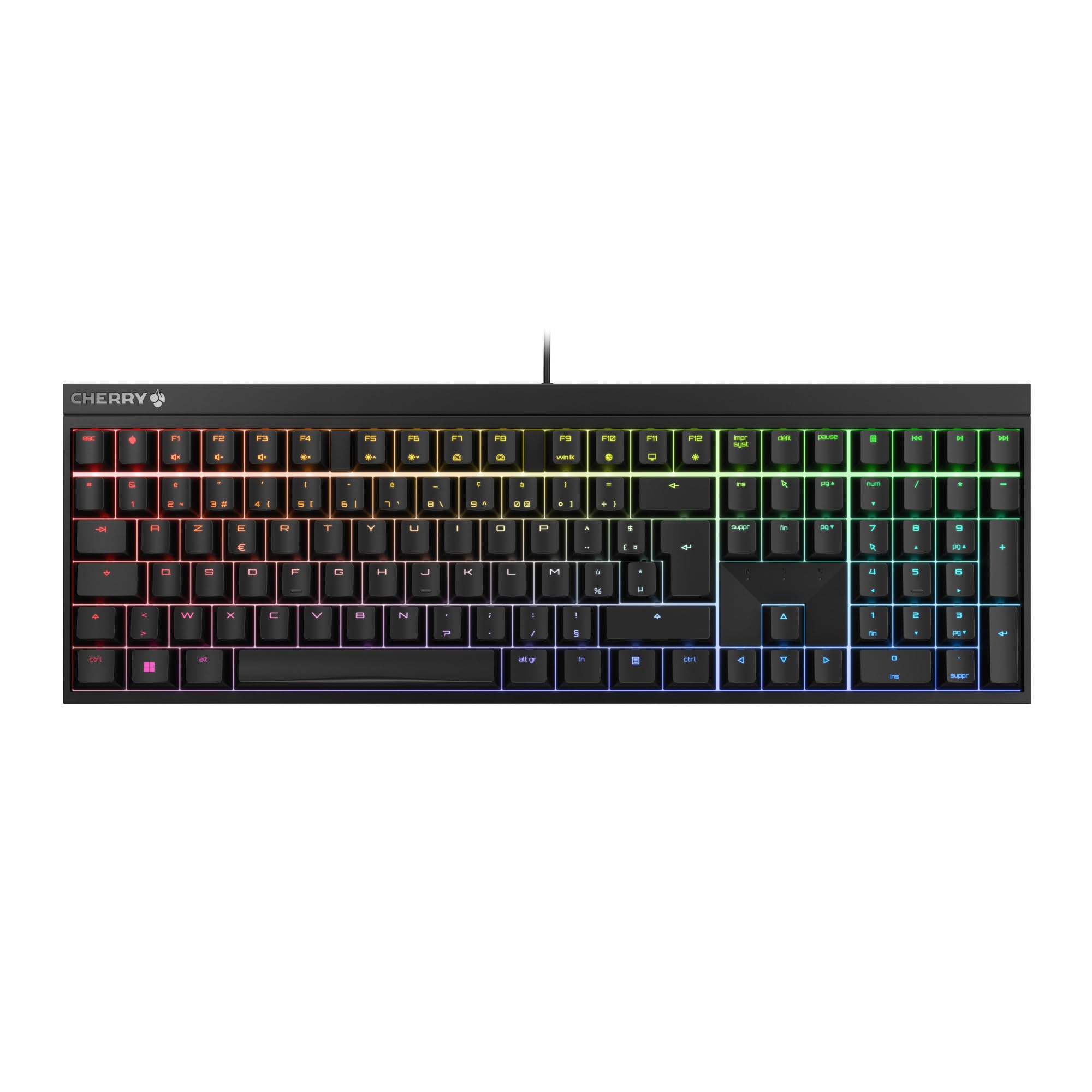 CHERRY MX 2.0S, Tastiera Gaming Meccanica con Illuminazione RGB, Layout Francia (AZERTY), Con Filo, Progettato in Germania, Interruttori MX RED, Nero