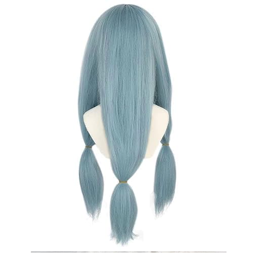 Miniatura 3 de ANOGOL Gorra de pelo pelucas azules con flequillo peluca larga y recta con 3 colas de caballo peinados de flecos para anime cosplay peluca para