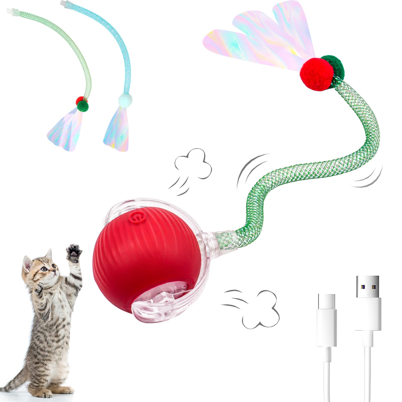 Interactive Cat Toys for Indoor Cats, Speedy Tail 2.0 Cat Toy, Smart Moving Ball Toys for Kitten Adult Cats with 2 Pcs Elastic Mesh Tail, Automatic Rolling Ball, Motion Activate, Rechargeable