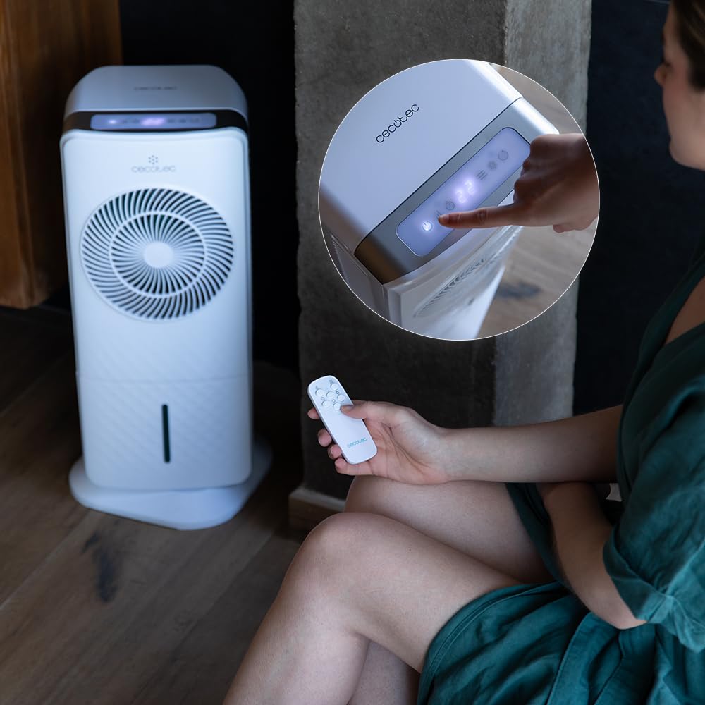 Cecotec Climatizzatore Evaporativo EnergySilence 3500 Cool Compact Smart, 65 W, Serbatoio 3,5 L, Tattile, Telecomando, 3 Velocità, 2 modalità, Oscillazione 70º, Timer 12h, Include 2 refrigeratori