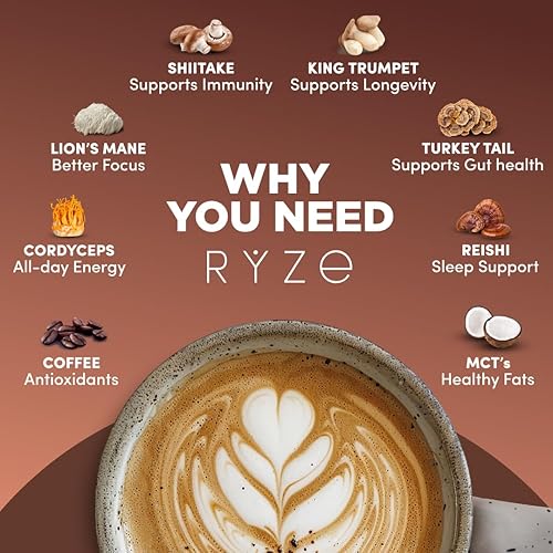 Miniatura 3 de RYZE SUPERFOODS Café de hongos tostado oscuro, 6 hongos adaptogénicos y mezcla prebiótica, café instantáneo apoya la energía, la concentración